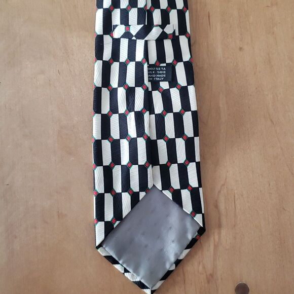 Enzo Bertazzio Silk Tie Handmade in Italy Graphic Black White Geometric Block - Picture 4 of 4